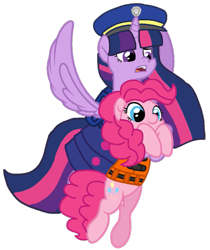 Size: 907x1080 | Tagged: safe, alternate version, artist:徐詩珮, imported from derpibooru, pinkie pie, twilight sparkle, alicorn, earth pony, pony, series:sprglitemplight diary, series:sprglitemplight life jacket days, series:springshadowdrops diary, series:springshadowdrops life jacket days, alternate universe, background removed, backpack, chase (paw patrol), clothes, cute, diapinkes, dress, duo, eyelashes, female, flying, hat, holding a pony, mare, open mouth, paw patrol, paw prints, simple background, transparent background, twilight sparkle (alicorn)