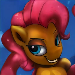 Size: 1024x1024 | Tagged: safe, artist:thisponydoesnotexist, imported from derpibooru, oc, oc only, earth pony, pony, ai content, ai generated, artificial intelligence, bedroom eyes, female, generator:thisponydoesnotexist, grin, mare, neural network, not pinkie pie, smiling, solo