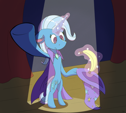 Size: 1734x1560 | Tagged: safe, artist:tigerett, imported from derpibooru, trixie, pony, unicorn, banana, bipedal, female, floppy ears, food, magic, magic trick, mare, solo, spotlight, stage, standing, surprised