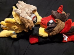 Size: 2834x2125 | Tagged: safe, artist:bluedragonflyplush, imported from derpibooru, photographer:lightningbolt, pegasus, pony, unicorn, alex gaskarth, all time low, clothes, ear fluff, horn, irl, jack barakat, looking at each other, male, nuzzling, photo, plushie, ponified, prone, shirt, smiling, smirk, spread wings, stallion, t-shirt, wings