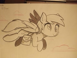 Size: 817x613 | Tagged: safe, artist:taurson, imported from derpibooru, derpy hooves, pegasus, pony, bag, cloud, cute, derpabetes, female, flying, mare, marker drawing, monochrome, saddle bag, solo, traditional art