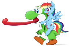 Size: 622x419 | Tagged: safe, artist:firenhooves, derpibooru exclusive, imported from derpibooru, rainbow dash, pony, yoshi, crossover, cute, long tongue, nintendo, open mouth, rainbow dash riding yoshi, riding, simple background, super mario bros., tongue out, video game, white background