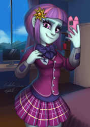 Size: 1860x2631 | Tagged: safe, artist:gabbslines, imported from derpibooru, sunny flare, equestria girls, friendship games, cellphone, clothes, commission, crystal prep academy uniform, female, high res, looking at you, phone, school uniform, selfie, smartphone, smiling, solo, sunny flare's wrist devices