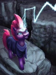 Size: 1280x1707 | Tagged: safe, artist:catscratchpaper, imported from derpibooru, tempest shadow, pony, unicorn, broken horn, female, horn, lightning, magic, open mouth, solo