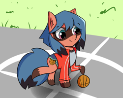 Size: 1984x1576 | Tagged: safe, artist:artiks, imported from derpibooru, earth pony, pony, anime, atg 2020, basketball, bna, bna: brand new animal, clothes, crossover, female, jacket, mare, michiru (bna), michiru kagemori, newbie artist training grounds, shorts, smiling, solo, sports