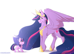 Size: 2000x1445 | Tagged: safe, artist:verystrangebun, imported from derpibooru, twilight sparkle, alicorn, pony, unicorn, the last problem, amazed, chest fluff, crying, dock, duality, end of g4, end of ponies, female, filly, filly twilight sparkle, jewelry, looking at each other, princess twilight 2.0, regalia, self ponidox, signature, simple background, smiling, tears of joy, teary eyes, time paradox, twilight sparkle (alicorn), twolight, unicorn twilight, white background, younger