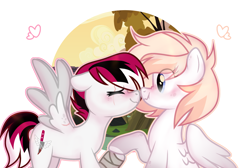 Size: 2619x1755 | Tagged: safe, artist:rerorir, imported from derpibooru, oc, oc only, oc:razorwing, pegasus, pony, bandage, boop, female, lesbian, mare, noseboop, scrunchy face, simple background, white background