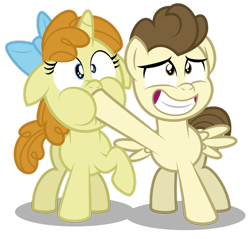 Size: 1280x1226 | Tagged: safe, artist:aleximusprime, imported from derpibooru, pound cake, pumpkin cake, pegasus, unicorn, flurry heart's story, bow, cake twins, colt, female, filly, floppy ears, grin, hair bow, hoof in mouth, male, nervous, nervous grin, older, older pound cake, older pumpkin cake, raised hoof, siblings, simple background, smiling, transparent background, twins