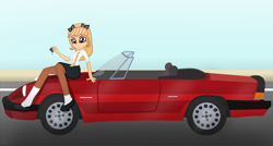 Size: 1813x974 | Tagged: safe, artist:grapefruitface1, imported from derpibooru, equestria girls, alfa romeo, barely eqg related, base used, bow, car, clothes, crossed arms, equestria girls-ified, looking at you, necktie, queen (band), road, roger taylor, rogerina, rule 63, school uniform, show accurate, sitting on car, socks, solo