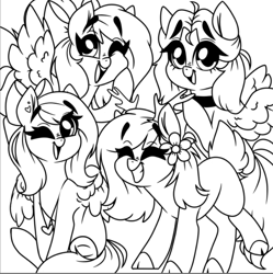 Size: 719x721 | Tagged: safe, artist:madkadd, imported from derpibooru, oc, oc only, deer, deer pony, earth pony, original species, pegasus, pony, antlers, bow, choker, cloven hooves, earth pony oc, flying, grin, group, hair bow, lineart, monochrome, one eye closed, open mouth, pegasus oc, raised hoof, sitting, smiling, wings, wink