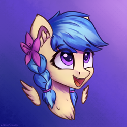 Size: 3000x3000 | Tagged: safe, artist:adagiostring, imported from derpibooru, oc, oc only, oc:jeppesen, pegasus, pony, braid, bust, commission, cute, flower, flower in hair, gradient background, head shot, open mouth, open smile, pegasus oc, portrait, purple eyes, simple background, smiling, solo, twin braids, wings, ych result, your character here