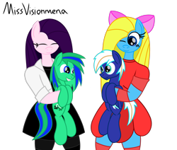 Size: 2600x2200 | Tagged: safe, artist:visionwing, imported from derpibooru, oc, oc only, oc:cuteamena, oc:electric blue, oc:garry berry, oc:visionmena, anthro, pony, cute, happy, holding a pony, looking at each other, simple background, smiling, transparent background