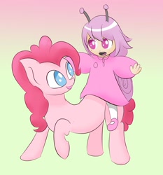 Size: 1400x1500 | Tagged: safe, artist:chocodamai, imported from derpibooru, pinkie pie, human, snail, digital art, human and pony, humans riding ponies, riding, snail-chan, snail-chan adventure game