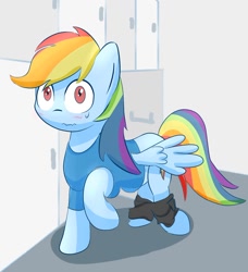 Size: 1050x1149 | Tagged: safe, artist:chocodamai, imported from derpibooru, rainbow dash, pegasus, pony, blushing, clothes, female, lockers, mare, shirt, shorts, solo, t-shirt, uncomfortable