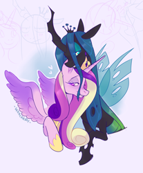 Size: 2377x2875 | Tagged: safe, artist:waackery, imported from derpibooru, princess cadance, queen chrysalis, alicorn, changeling, changeling queen, pony, abstract background, cadalis, crack shipping, crown, duo, female, heart, horn, jewelry, lesbian, regalia, shipping, wings