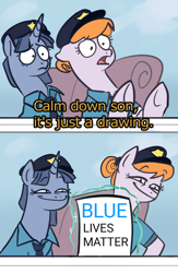 Size: 474x728 | Tagged: safe, anonymous artist, edit, imported from derpibooru, copper top, oc, earth pony, pony, unicorn, /mlp/, blue lives matter, comments locked down, drawing, drawthread, duo, exploitable meme, hall monitor, meme, op has a point, op is a duck, policemare, politics, ponified meme, smiling, smug, spongebob reference, spongebob squarepants