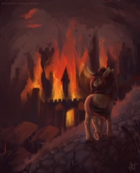 Size: 1280x1576 | Tagged: safe, artist:yarugreat, imported from derpibooru, oc, oc only, oc:terryred, pony, unicorn, alternate universe, curved horn, fire, green fur, green mane, horn, long mane, ruins, ruins of canterlot, solo, unicorn oc, yellow eyes