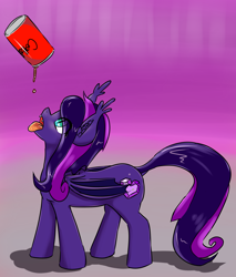 Size: 1494x1756 | Tagged: safe, artist:fluor1te, imported from derpibooru, oc, oc only, oc:amethyst heart, bat pony, pony, coca-cola, ear fluff, floating object, girly, looking up, male, open mouth, simple background, soda, soda can, solo, stallion, tongue out