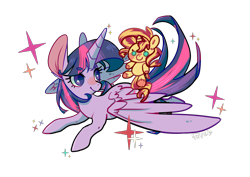 Size: 1280x908 | Tagged: safe, artist:phyllismi, imported from derpibooru, sunset shimmer, twilight sparkle, alicorn, pony, unicorn, big ears, duo, female, flying, looking back, mare, plushie, simple background, sparkles, transparent background, twilight sparkle (alicorn)