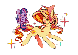 Size: 1280x908 | Tagged: safe, artist:phyllismi, imported from derpibooru, sunset shimmer, twilight sparkle, alicorn, pony, unicorn, big ears, duo, eyes closed, female, mare, plushie, simple background, sparkles, transparent background, twilight sparkle (alicorn), twilight sparkle plushie