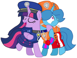 Size: 1262x960 | Tagged: safe, alternate version, artist:徐詩珮, imported from derpibooru, spring rain, twilight sparkle, alicorn, pony, unicorn, series:sprglitemplight diary, series:sprglitemplight life jacket days, series:springshadowdrops diary, series:springshadowdrops life jacket days, alternate universe, background removed, backpack, base used, book, chase (paw patrol), clothes, cute, dress, eyelashes, eyes closed, female, hat, helmet, lesbian, lifeguard, lifeguard spring rain, mare, paw patrol, paw prints, pillow, puffy cheeks, shipping, side hug, simple background, springlight, transparent background, twilight sparkle (alicorn), whistle, wide eyes, zuma (paw patrol)