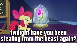 Size: 1920x1080 | Tagged: safe, edit, edited screencap, imported from derpibooru, screencap, apple bloom, pony, growing up is hard to do, beauty and the beast, caption, female, flower, image macro, solo, text, wishing flower