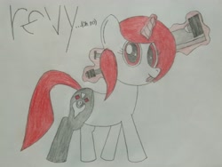 Size: 4160x3120 | Tagged: safe, artist:theunidentifiedchangeling, imported from derpibooru, oc, oc only, oc:revy, oc:revy remilo, pony, unicorn, cutie mark, eye lashes, female, gun, happy, high res, levitation, looking at you, magic, magic aura, name, rifle, simple background, sniper rifle, solo, telekinesis, this will not end well, tongue out, traditional art, walking, weapon, white background