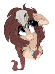 Size: 1863x2472 | Tagged: safe, artist:airfly-pony, imported from derpibooru, oc, oc:ondrea, pegasus, pony, braid, bust, ear piercing, earring, female, jewelry, mare, medallion, piercing, portrait, simple background, skull, white background