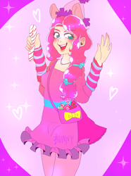 Size: 2515x3384 | Tagged: safe, artist:_no_tarin, artist:bunnyoxo, imported from derpibooru, pinkie pie, human, blushing, candy, candy cane, clothes, digital art, dress, ear piercing, earring, female, food, humanized, jewelry, my little pony cafe, necklace, piercing, pony ears, purse, smiling, solo