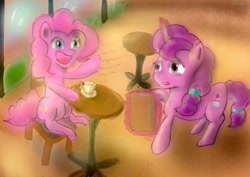 Size: 1024x724 | Tagged: safe, artist:im_wizu, imported from derpibooru, pinkie pie, sugar belle, unicorn, cafe, chair, cup, digital art, magic, my little pony cafe, smiling, table, teacup, waving