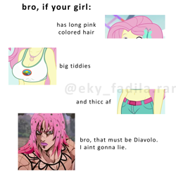 Size: 3543x3543 | Tagged: safe, imported from derpibooru, fluttershy, human, equestria girls, bait and switch, breasts, diavolo, female, jojo's bizarre adventure, male, meme, shitposting