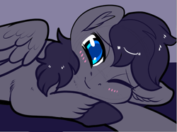 Size: 935x699 | Tagged: safe, anonymous artist, imported from derpibooru, oc, oc only, pegasus, pony, blushing, cute, drawthread, ear fluff, happy, one eye closed, solo, unshorn fetlocks