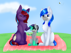 Size: 3055x2305 | Tagged: safe, artist:midnight magic, imported from derpibooru, oc, oc:charming dazz, oc:hooklined, oc:midnight magic, earth pony, pony, unicorn, cute, gradient hooves, head pat, messy eating, pat, picnic