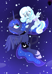 Size: 773x1113 | Tagged: safe, artist:whiteplumage233, imported from derpibooru, princess luna, oc, oc:snowdrop, pony, holding a pony, night