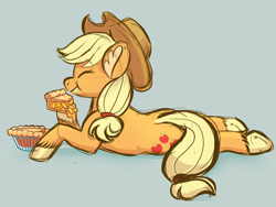 Size: 800x600 | Tagged: safe, anonymous artist, imported from derpibooru, applejack, earth pony, pony, apple, apple pie, colored hooves, cowboy hat, cute, drawthread, ear fluff, eating, eyes closed, female, food, hat, herbivore, jackabetes, mare, pie, prone, simple background, solo, that pony sure does love apples, underhoof, unshorn fetlocks