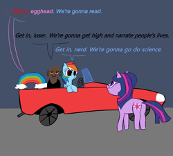 Size: 2048x1843 | Tagged: safe, anonymous artist, imported from derpibooru, rainbow dash, twilight sparkle, human, pegasus, pony, unicorn, /mlp/, car, dialogue, drawthread, exploitable meme, meme, morgan freeman, reading, reading rainbow, requested art, simple background