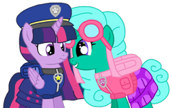 Size: 1440x910 | Tagged: safe, alternate version, artist:徐詩珮, imported from derpibooru, glitter drops, twilight sparkle, alicorn, pony, unicorn, series:sprglitemplight diary, series:sprglitemplight life jacket days, series:springshadowdrops diary, series:springshadowdrops life jacket days, alternate universe, background removed, backpack, base used, chase (paw patrol), clothes, dress, eyelashes, female, glitterlight, goggles, grin, hat, heart eyes, lesbian, mare, paw patrol, paw prints, shipping, simple background, skye (paw patrol), smiling, sweat, sweatdrop, transparent background, twilight sparkle (alicorn), wingding eyes