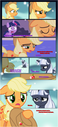 Size: 1919x4225 | Tagged: safe, artist:estories, imported from derpibooru, applejack, twilight sparkle, oc, oc:silverlay, alicorn, original species, pony, unicorn, comic:a(pple)ffection, comic, female, hat, mare, twilight sparkle (alicorn), umbra pony, vector