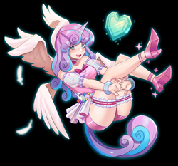 Size: 1024x953 | Tagged: safe, artist:tzc, imported from derpibooru, princess flurry heart, badger, human, black background, bracelet, breasts, choker, clothes, crystal, female, garter, horn, horned humanization, humanized, jewelry, magical girl, older, older flurry heart, open mouth, ribbon, simple background, solo, winged humanization, wings