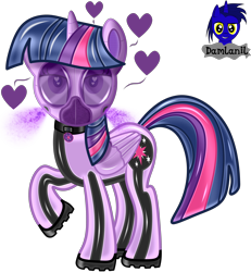 Size: 3840x4154 | Tagged: safe, artist:damlanil, imported from derpibooru, twilight sparkle, alicorn, pony, bedroom eyes, boots, clothes, collar, cutie mark collar, female, floating heart, gas mask, hazmat pony drone, heart, heart eyes, horn, latex, looking at you, makeup, mare, mask, raised hoof, rubber, rubber drone, shiny, shiny mane, shoes, show accurate, simple background, solo, transformation, transparent background, twilight sparkle (alicorn), vector, wingding eyes, wings