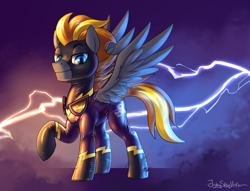 Size: 2454x1878 | Tagged: safe, artist:jedayskayvoker, imported from derpibooru, oc, oc only, oc:blaze (shadowbolt), pegasus, pony, clothes, costume, glasses, goggles, latex, latex suit, lidded eyes, lightning, looking at you, male, one hoof raised, raised hoof, shadowbolts, shadowbolts costume, signature, smiling, smirk, smug, solo, spread wings, stallion, wings