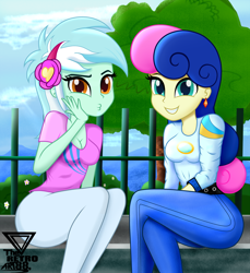 Size: 2400x2618 | Tagged: safe, artist:theretroart88, imported from derpibooru, bon bon, lyra heartstrings, sweetie drops, equestria girls, bench, clothes, duckface, duo, looking at you, sitting, tree