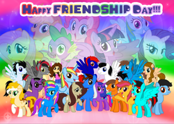 Size: 1280x909 | Tagged: safe, artist:andoanimalia, imported from derpibooru, applejack, fluttershy, pinkie pie, rainbow dash, rarity, spike, twilight sparkle, alicorn, dragon, earth pony, pegasus, pony, unicorn, friendship day, holiday, mane six, rainbow, twilight sparkle (alicorn), winged spike, wings