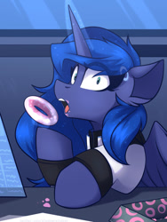 Size: 900x1200 | Tagged: safe, artist:shadowreindeer, imported from derpibooru, princess luna, alicorn, pony, robot, robot pony, connor, connor luna, detroit: become human, donut, female, food, mare, rk900