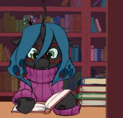 Size: 800x768 | Tagged: safe, artist:aisureimi, artist:trickynicky, edit, imported from derpibooru, queen chrysalis, changeling, changeling queen, insect, adorkable, book, bookshelf, clothes, cute, cute little fangs, cutealis, dork, dorkalis, fangs, female, focused, glassalys, glasses, library, meganekko, nerd, reading, solo, sweater, sweater dress, turtleneck