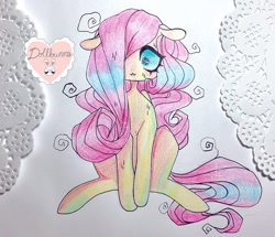 Size: 1080x930 | Tagged: safe, artist:dollbunnie, imported from derpibooru, fluttershy, pony, blushing, colored pencil drawing, female, girly, messy mane, nervous, solo, traditional art