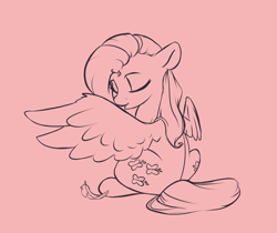 Size: 1401x1177 | Tagged: safe, artist:nookprint, imported from derpibooru, fluttershy, pegasus, pony, cute, feather, female, girly, grooming, licking, monochrome, pink background, preening, shyabetes, simple background, sitting, solo, tongue out, wings