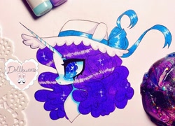 Size: 1080x778 | Tagged: safe, artist:dollbunnie, imported from derpibooru, rarity, pony, unicorn, blushing, female, girly, hat, marker drawing, solo, traditional art