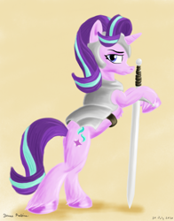 Size: 2200x2800 | Tagged: safe, artist:rockhoppr3, imported from derpibooru, starlight glimmer, pony, unicorn, armor, bipedal, bipedal leaning, female, high res, leaning, looking at you, mare, simple background, solo, sword, unshorn fetlocks, weapon