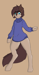 Size: 1175x2252 | Tagged: safe, artist:sneetymist, derpibooru exclusive, imported from derpibooru, oc, oc only, oc:lyla vitality, earth pony, pony, bipedal, blank flank, clothes, female, fluffy, fluffy sweater, half-wolf, solo, sweater